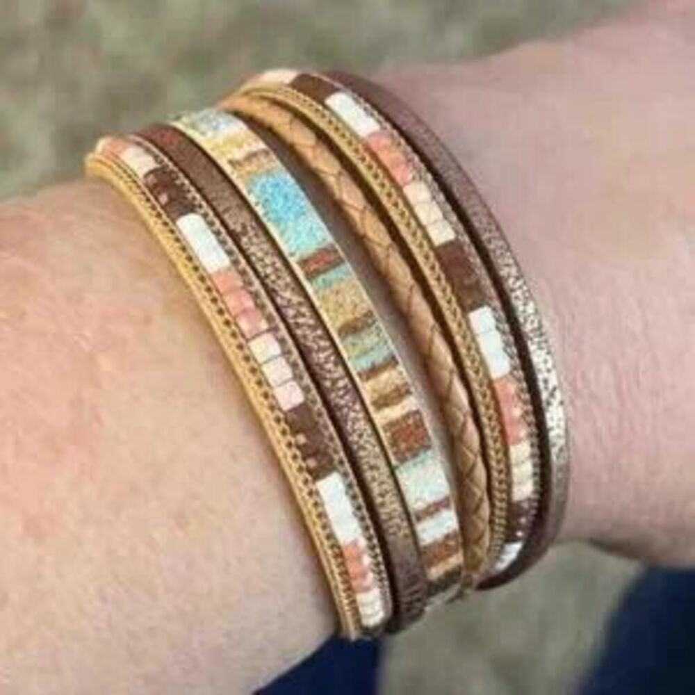 Boho Vegan Leather Multicolor Beads Magnetic Closure Bracelet